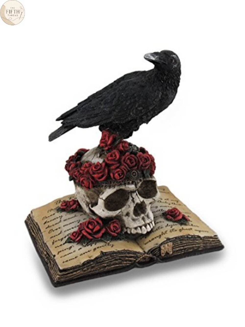 Gothic Raven on Rose-Covered Skull Statue Hand-Painted Resin Home Decor